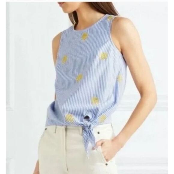 J Crew Top Womens 4 Blue White Stripe Pineapple Embroidered Tie Front Seersucker - Picture 1 of 9